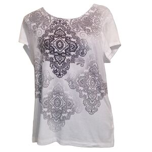 Zenergy By Chico's Women's Damask Black, Gray Print Short Sleeve T-Shirt Size 2!